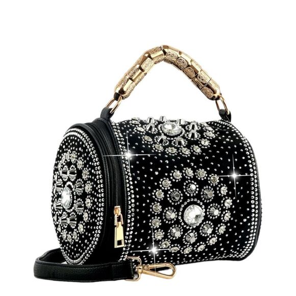 39. Black Rhinestone Studded Shoulder Handbag Purse Barrel Bag Style - Picture 1 of 7